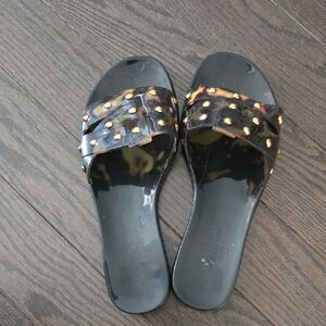 Vince Camuto Black and Brown Studded Slide Sandals